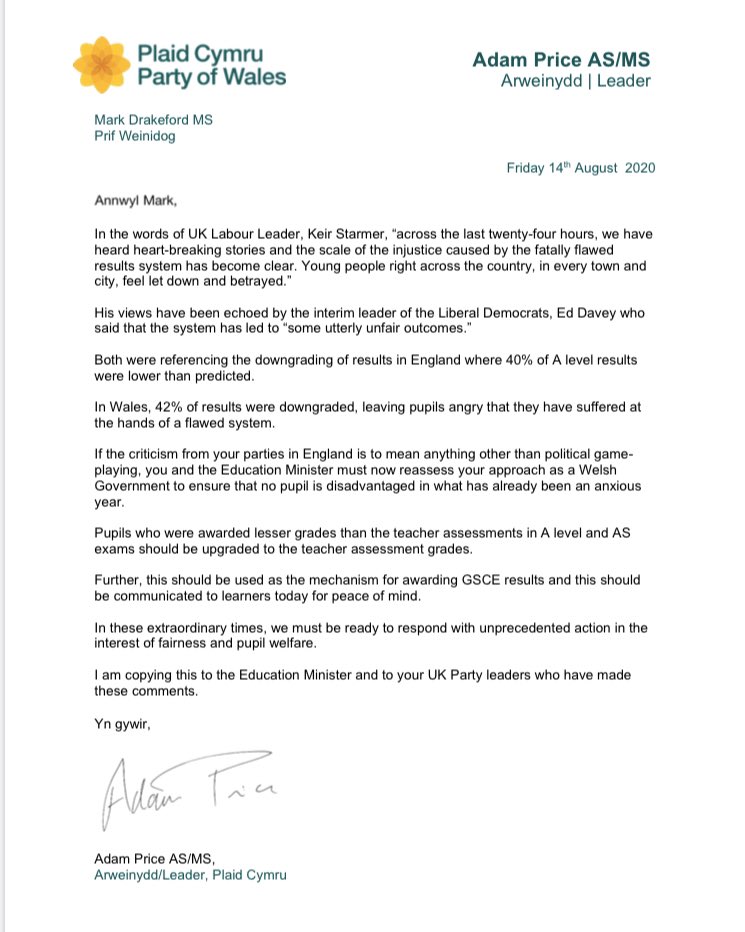 I have written to @fmwales demanding pupils who were awarded lower grades be upgraded to teacher assessment grades. @fmwales and <a href="/WG_Education/">Welsh Government Education</a> must act quickly to remove the uncertainty and assure pupils, parents and teachers that same mistake will not be made with GCSE results.