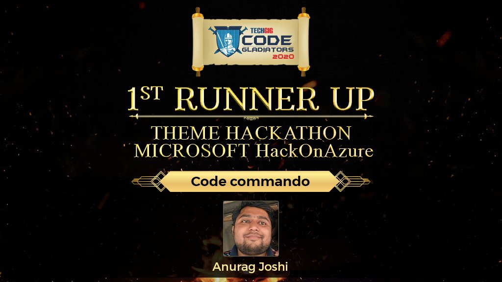 techgigdotcom's tweet image. Congratulations to Anurag Joshi (Team Code Commando), 1st Runner Up of Microsoft HackOnAzure Hackathon at #TechGig Code Gladiators 2020.
#TechGigCodeGladiators #CodeGladiatorsFinale #CodeGladiators2020 #CG2020 #Finale #Winners #Microsoft #Hackathon
@MicrosoftIndia