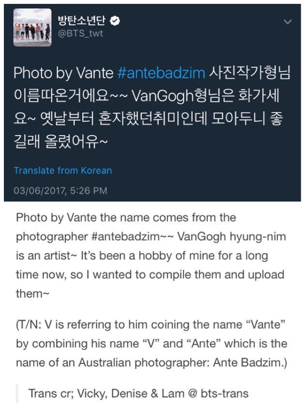 Taehyung got inspired by the work of photographer AnteBadzim & acknowledge him many timeAfter tht many ppl checked his minimalist photograhy.He even named his work as V&said on interview"His intention was never to be notice by V,be true to urself & u never knw wht will happen"