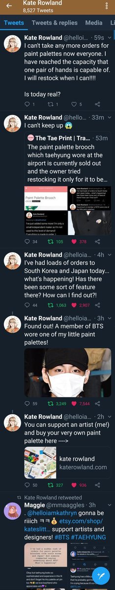 Brooch designer Kate thankful for taehyung for giving an exposure for her small business and also said she would use part of the profits to support independent artists!