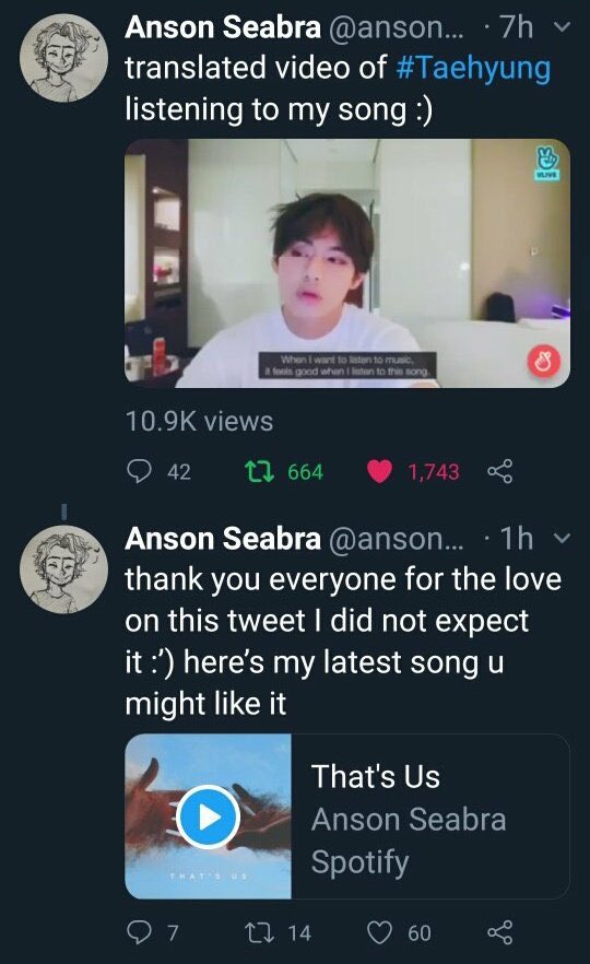 Musical artist Anson Seabra showed excitement through a tweet when Taehyung played his song " That's us " on his recent Vlive & got overwhelmed by the amount of support from Armys.