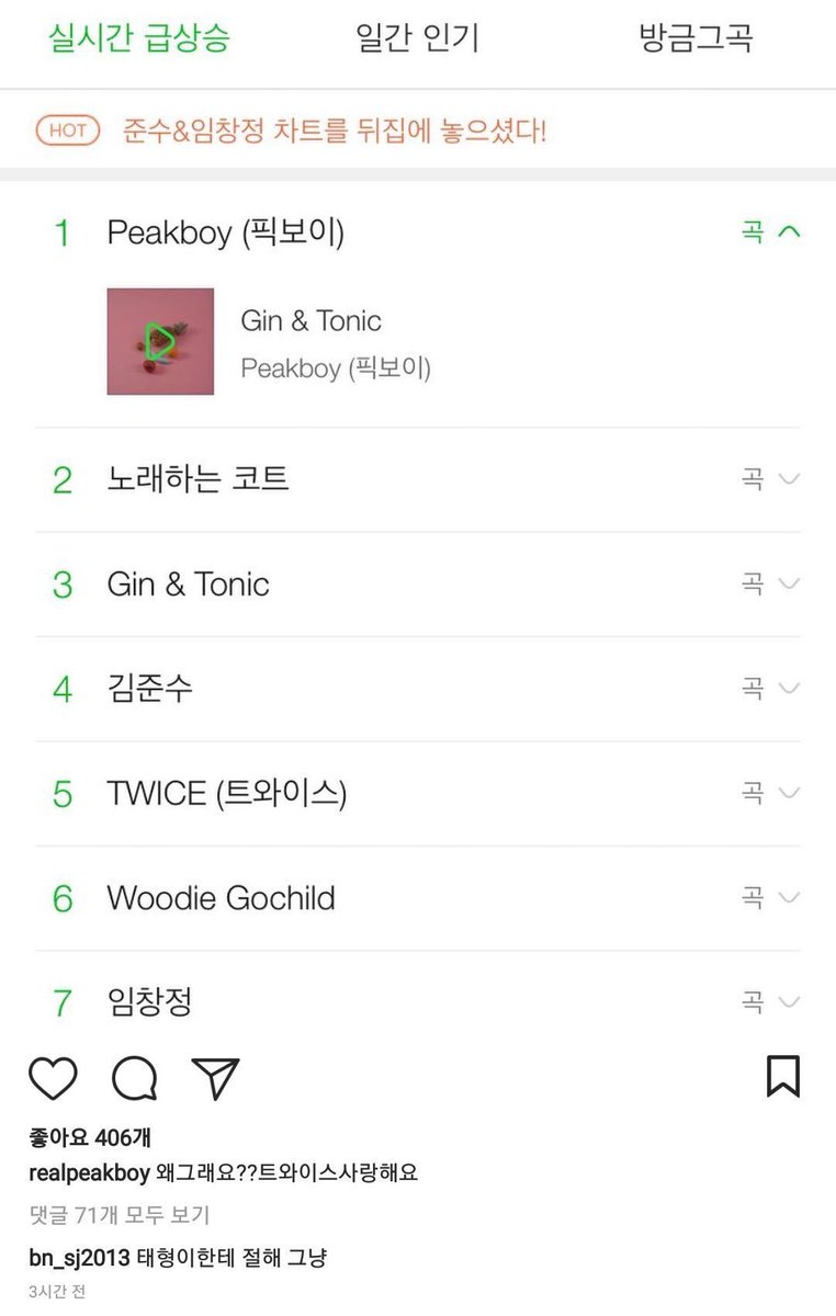 Taehyung recommended Peakboy's song on Twitter & then the singer posted a photo of melon's real time ranking #1 on Instagram & showed surprise over this hype .Park Seojoon commented on the post saying "Just give Taehyung a bow"