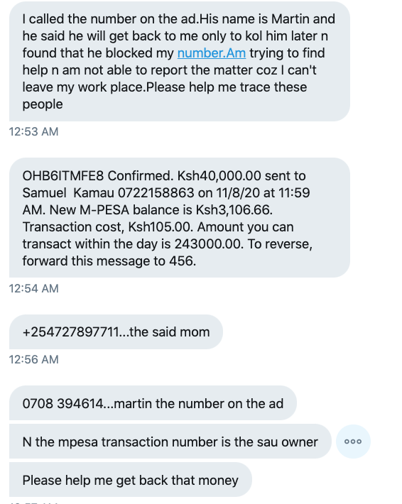 bonifacemwangi's tweet image. "I've not discussed this with my hubby or kids. I found a house ad online and called 0708 394614 the number on the ad.He said the owner Samuel  Kamau 0722158863 won't show me the house if l don't pay a deposit.I sent 40k and he blocked my number.Please help me"-Via DM #SemaUkweli
