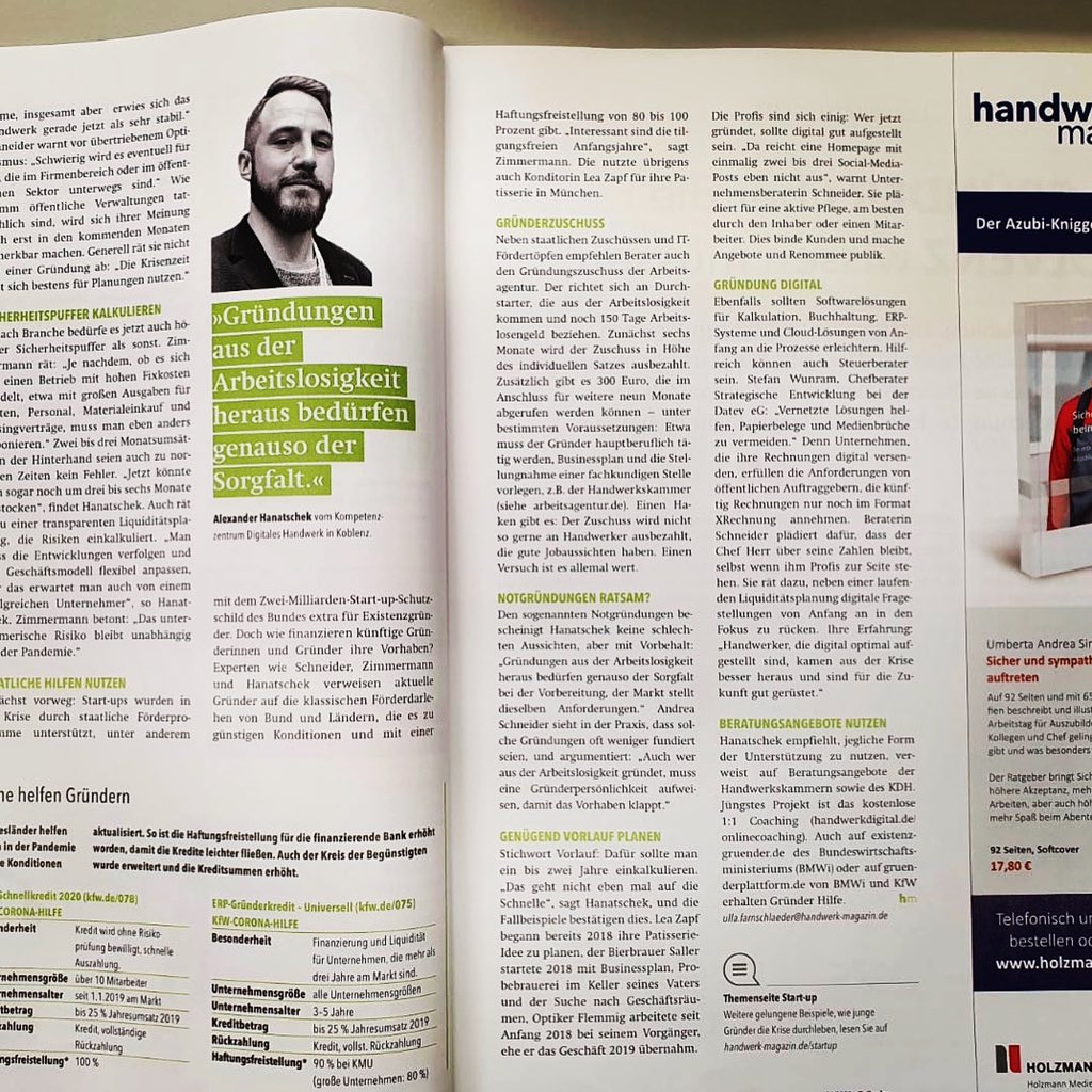 Zum Thema #Gründung in der #Coronakrise wurde ich vom <a href="/handwerkmagazin/">handwerk magazin</a> zu den Themen #Digitslisierung und #startups im #Handwerk mit meinem lieben Kollegen Max von der <a href="/hwk_koblenz/">HwK Koblenz</a> interviewt. #einfachmachen #dashandwerk #digitalisierungimhandwerk <a href="/HaWe_Digital/">Mittelstand-Digital Zentrum Handwerk</a>