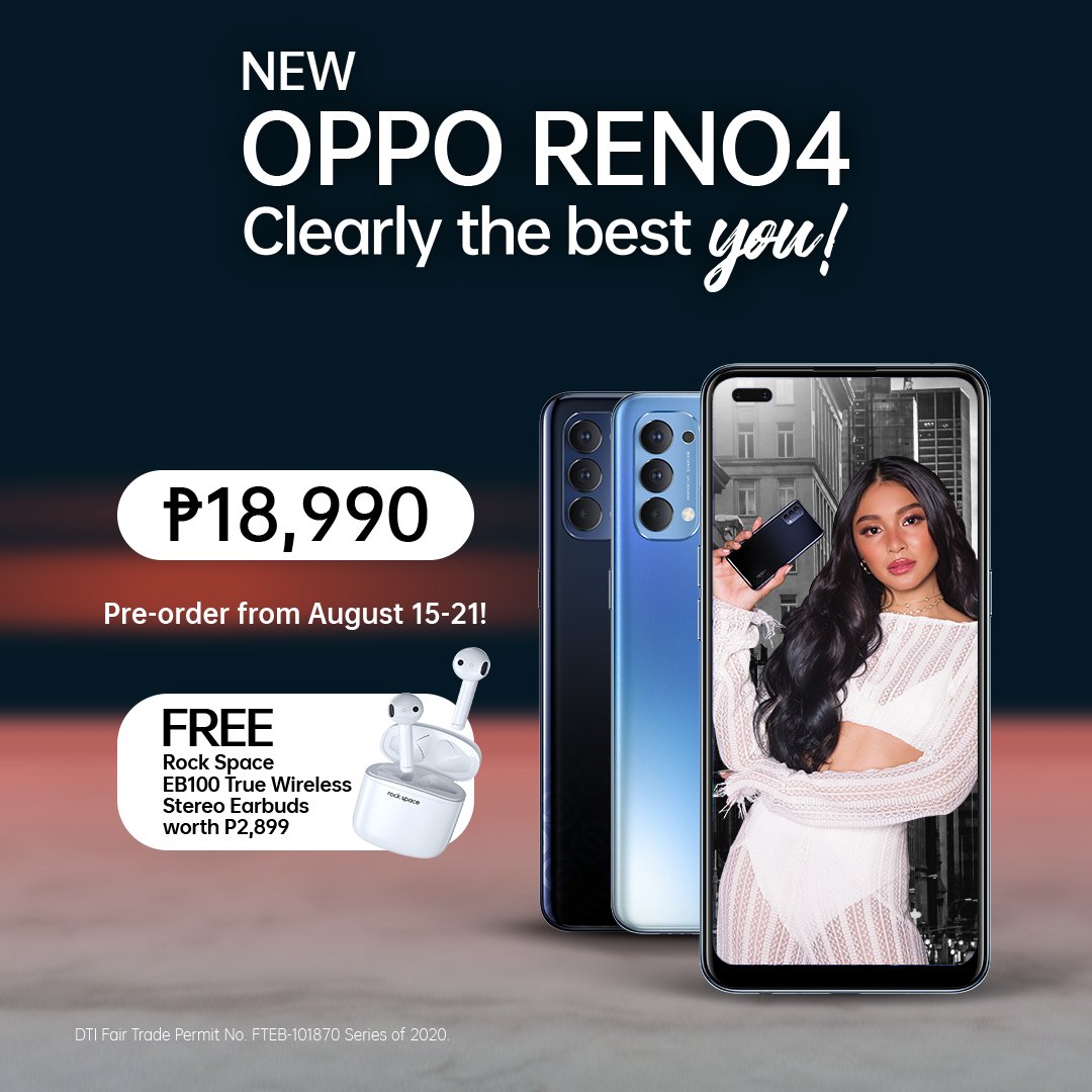 OPPOPhilippines's tweet photo. Stand out from the crowd and show them #ClearlyTheBestYou with the new #OPPOReno4. Pre-order now until August 21 and get a free Rock Space EB100 True Wireless Stereo Earbuds!

Per DTI Fair Trade Permit No. FTEB-101870 Series of 2020 https://t.co/9LIElJnao0