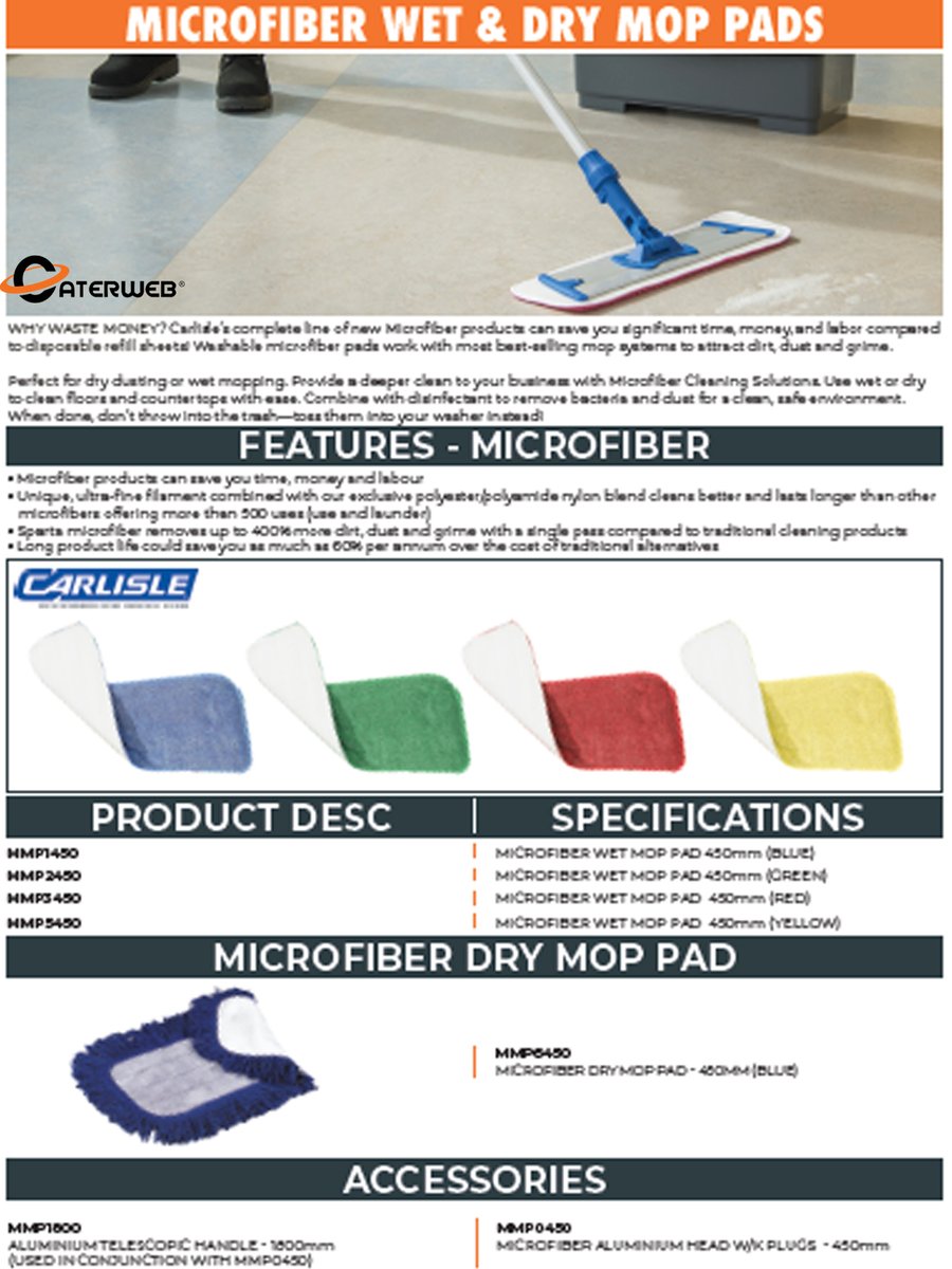 Caterweb's tweet photo. Carlisle’s complete line of Microfiber products is made from high-quality materials with great absorption of dirt and dust. The fibers help distribute the cleaning solution to ensure complete uniform cleaning.
https://t.co/wTbsIgxOvS
#Caterweb #cateringequipment #microfiberpads https://t.co/D2gySk6NOz