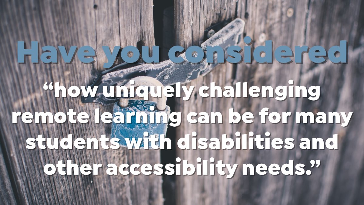 hintondm's tweet photo. #HaveYouConsidered how uniquely challenging remote #learning can be for many students with disabilities and other accessibility needs? #Teaching #Live #Synchronously #Disability #Accessibility #VisionImpairment #HearingImpairment #InclusiveEducator #RemoteLearning #Covid19 https://t.co/RUmVHRYLSO