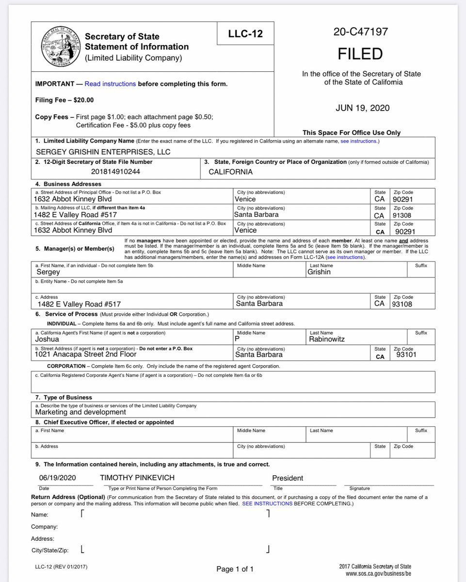 Ah, looks like we know where Sergey Grishin moved his “company”, Sergey Grishin Enterprises LLC, to!He updated his address on June 19, 2020 from 765 Rockbridge to 1482 E Valley Road #517  https://opencorporates.com/companies/us_ca/201814910244