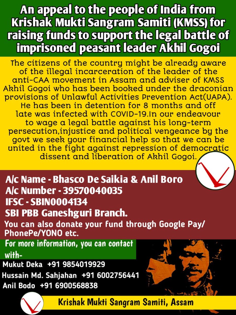 KrishakMukti's tweet photo. An appeal to the people of India from Krishak Mukti Sangram Samiti (KMSS) for raising funds to support the legal battle of peasant leader Akhil Gogoi. @napmindia @_YogendraYadav @medhanarmada @sandeep4justice @DSunilam @ThePeopleOfIN @JNUSUofficial @AiksccOriginal_ https://t.co/183auqqzCN