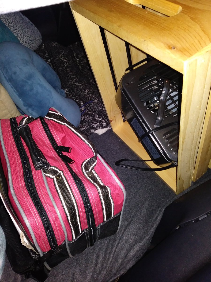 Make sure if you are using your writing nest/writing car to drive around in that you secure everything in place and here I have my emergency kit right under my crate/endstand. As well as an electric heater for when it starts getting cold out.