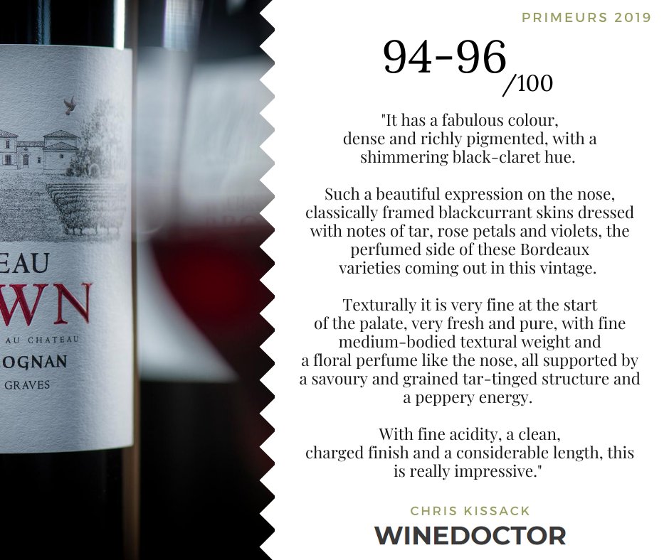Very proud to announce that our red Château Brown 2019 tasted by Chris Kissack has obtained 94-96/100 
#Vin #Wine #PessacLeognan #winetasting #Primeur2019