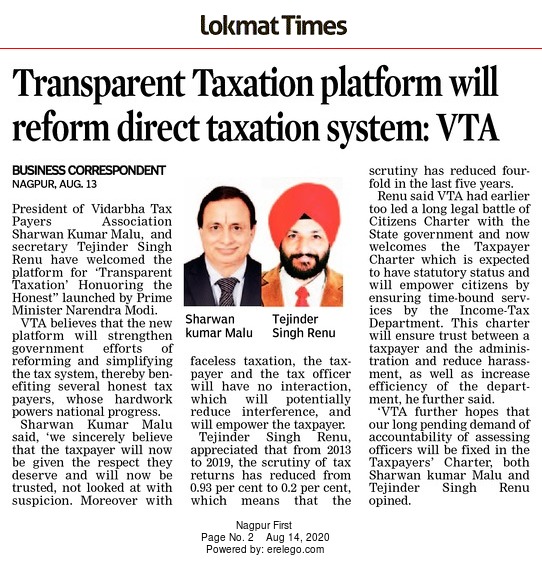 Vidarbha Taxpayers Association #VTA welcomes reforms, 'Transparent Taxation - Honouring the Honest' and taxpayer charter. 
#HonoringTheHonest 
#TaxpayersCharter