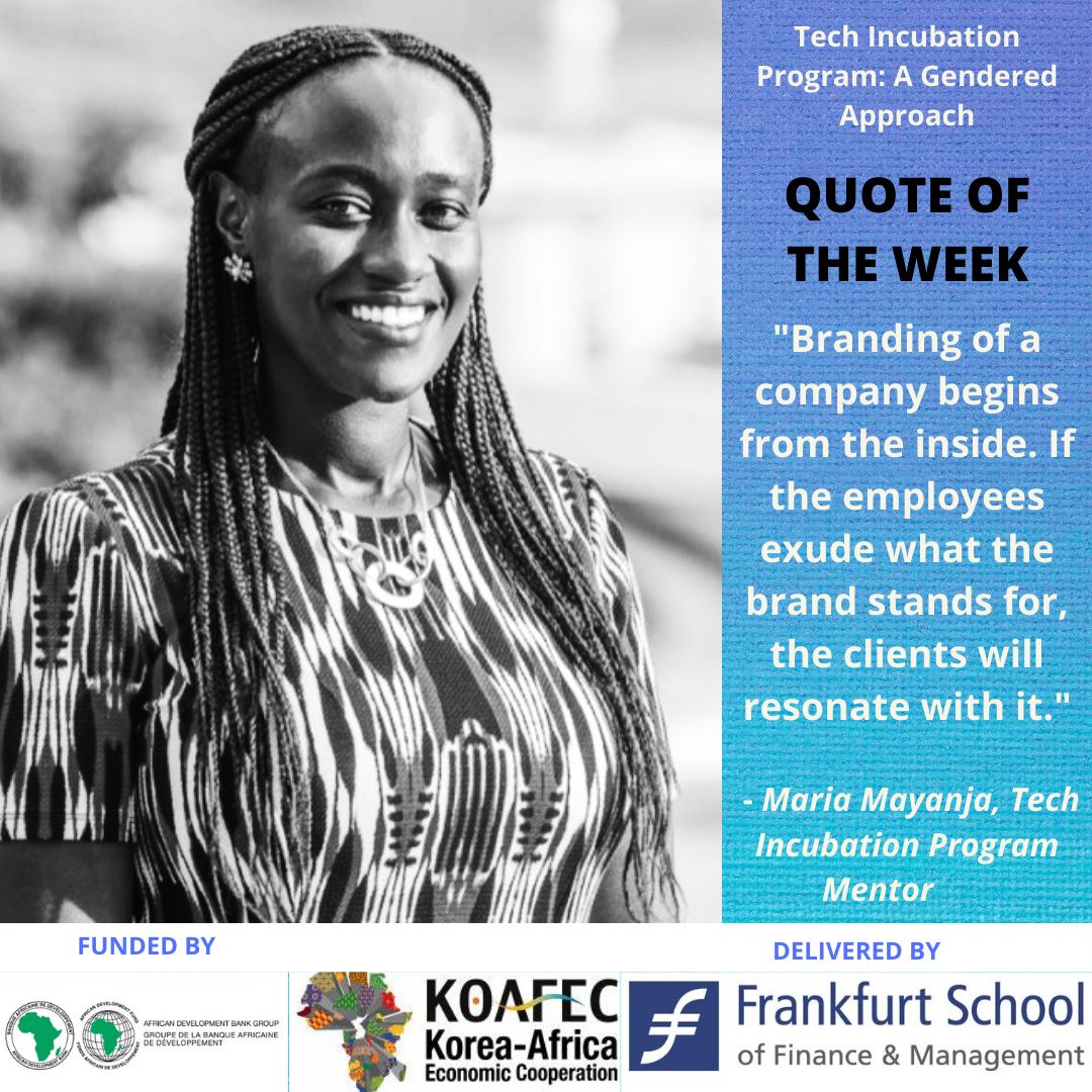 techincubation's tweet photo. Our quote of the week is on #branding by Ms. Maria Mayanja, a trainer and mentor at the Tech Incubation Program. 
#TechIncubationProg #AGenderedApproach #AfDB #KOAFEC https://t.co/RpBuPjfaBG
