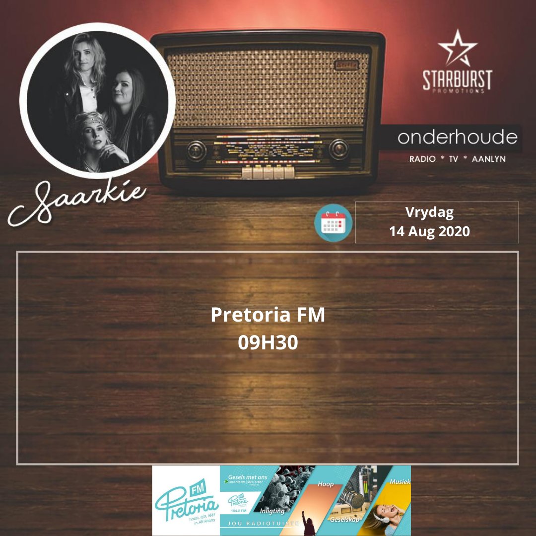 Skakel 9H30 in op <a href="/PretoriaFM/">Pretoria FM</a> !
Op radio, aanlyn of DSTV 887!
Daar word met <a href="/SaarkieBand/">SAARKIE</a> gesels oor hul splinternuwe #Reenweer enkelsnit!
<a href="/AfrikaansM/">Afrikaanse Musieknuus</a> <a href="/SACelebTweets/">𝘚𝘈 𝘊𝘦𝘭𝘦𝘣𝘳𝘪𝘵𝘺 & 𝘓𝘪𝘧𝘦𝘴𝘵𝘺𝘭𝘦</a> <a href="/sa_artists/">SA-ARTISTS</a> <a href="/AlishiavanDev/">Alishia</a> <a href="/elsjevj/">Elsje van Jaarsveld</a> <a href="/JakeStols/">Jake stols</a> <a href="/mdgreyling/">MD Greyling</a>