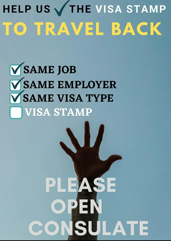 We are now now just one step away from being allowed to reenter US resume our ongoing employment and get back to our family. Please begin NIV stamping. End this ordeal. 
<a href="/USAmbIndia/">Ambassador Sergio Gor</a> <a href="/USAndMumbai/">U.S. Consulate Mumbai</a> <a href="/MEAIndia/">Randhir Jaiswal</a> <a href="/PMOIndia/">PMO India</a> <a href="/DrSJaishankar/">Dr. S. Jaishankar</a> <a href="/narendramodi/">Narendra Modi</a>