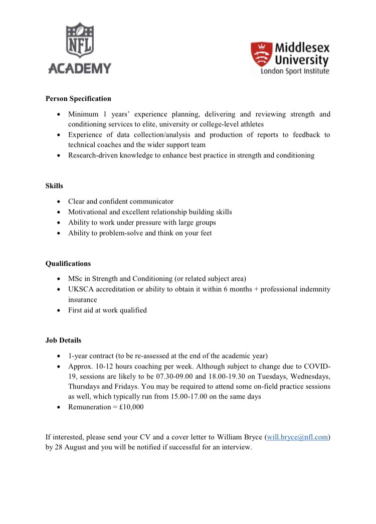 Chris Bishop (@drchrisbishop) on Twitter photo 🆕 New part-time (paid) S&C Coach role available at the <a href="/NFLAcademy/">NFL Academy</a> in conjunction with <a href="/MDX_LSI/">London Sport Institute at Middlesex University</a> this year. Details of how to apply on the advert, if interested.
🔗 uksca.org.uk/assets/pdfs/Jo….
** All RT’s appreciated ** 🆕 New part-time (paid) S&C Coach role available at the <a href="/NFLAcademy/">NFL Academy</a> in conjunction with <a href="/MDX_LSI/">London Sport Institute at Middlesex University</a> this year. Details of how to apply on the advert, if interested.
🔗 uksca.org.uk/assets/pdfs/Jo….
** All RT’s appreciated **