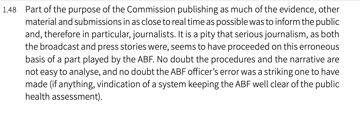 Bret Walker also finds that "neither the ABF nor any ABF officers played any part in the mishap." He notes that "Given its lack of medical or epidemiological expertise, it is well for the public good that the ABF ...do not bear any responsibility for the Ruby Princess mishap"