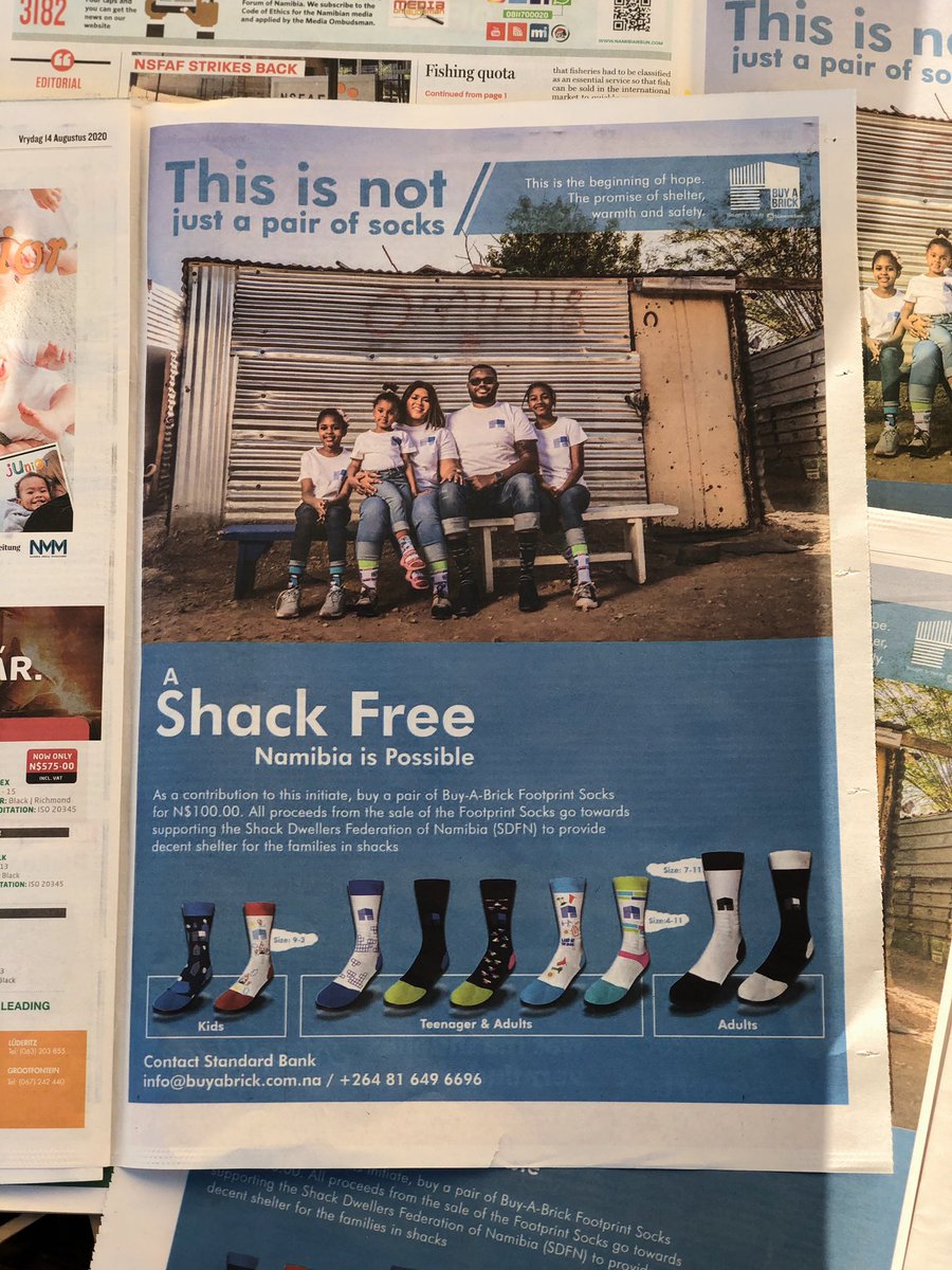 GweriVintage's tweet photo. 500 000+ Namibians live in shacks! Today we launch the Buy-A-Brick #FootprintSocks powered by @StandardBankNa. 

Available in all sizes from kids to adults at N$100 a pair. We urge Namibia to join us as we aim to sell 100k socks and raise N$3 million+ for Buy-A-Brick 🧦🏡🇳🇦 https://t.co/1n2W2MuYFu