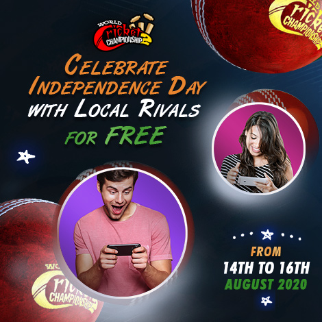 Worldcrickchamp's tweet photo. This Independence Day, Local Rivals is FREE FREE FREE!
Valid from 14th to 16th August 2020.
Start playing WCC2 now - https://t.co/OfY3qByLtC
#mobilecricketgame #bestmobilecricket #multiplayercricket #worldcricketchampionship #WCC2 https://t.co/nZUX3i7vPe