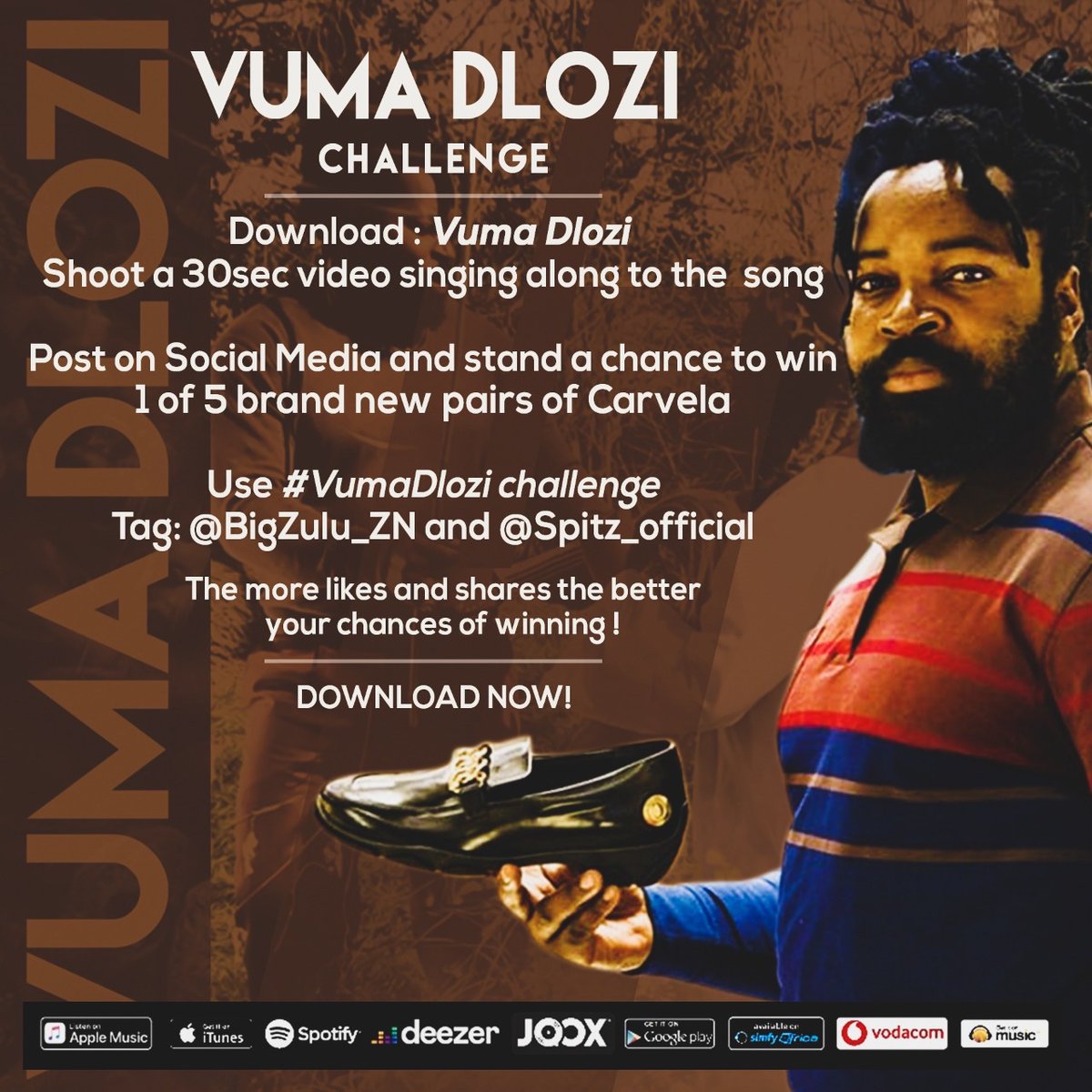 Nkabi Nation uthando lunye❤️👏🏿
Vuma Dlozi single it’s out on all digital platform download a song shoot the 30 sec video singing along to the song post on social media stand a chance to win 1 of 5 brand new Carvela 👏🏿 Use #VumaDloziChallenge Tag <a href="/BigZulu_ZN/">Big Zulu</a> <a href="/SPITZ_OFFICIAL/">Spitz Shoes</a>
