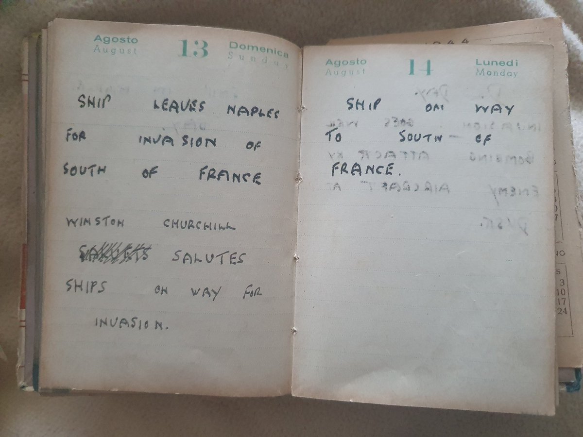 mungotalks's tweet photo. I found my Grandads #WW2 diary. He was in the navy on the destroyers. In August 1944 #WinstonChurchill was preparing for Operation Dragoon the landing operation of the #AlliedInvasion of Provence on 15 August 1944. I will post his updates as the days move on......... https://t.co/qrDx6BWnMV