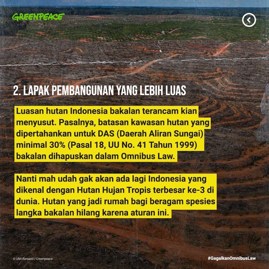 GreenpeaceID's tweet photo. 2. Batasan kawasan hutan yang dipertahankan untuk DAS minimal 30% akan dihapus dalam RUU Cipta Kerja. Silahkan lho bagi para investor yang mau nambang-nambang sepanjang sungai, ancaman banjir kekeringan di daerah hilir gak usah dipikiran. Santai aja! 😎

#TolakOmnibusLaw https://t.co/3PSkggJ1vA