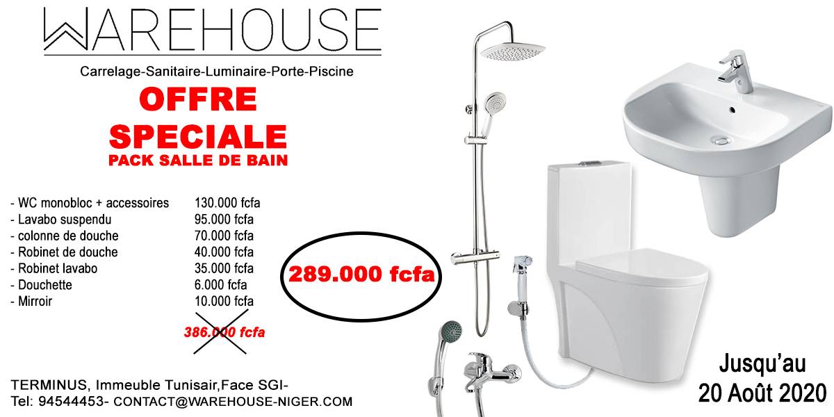 WarehouseNiger's tweet photo. #OFFRE SPÉCIALE : Jusqu'au 20 août, profitez de notre offre spéciale pack salle de bain et bénéficiez d'une réduction de 25%. Appelez nous au 94544453 pour plus de détails. 
#Warehouse #Niamey #Niger https://t.co/RiIt53SOGe
