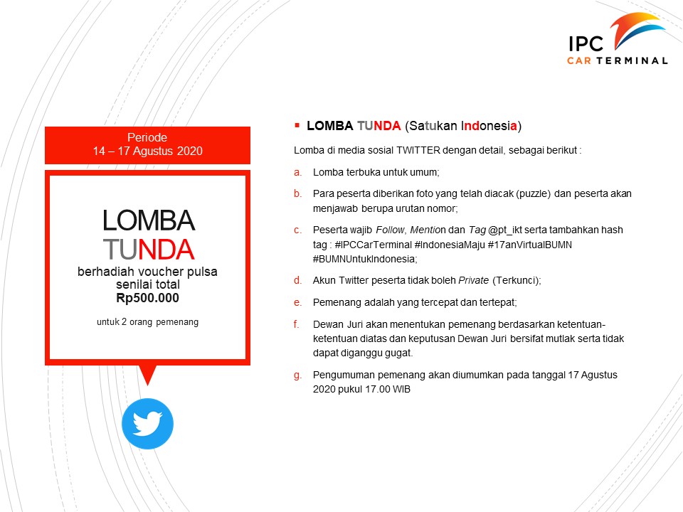 IPCCarTerminal's tweet photo. Hi #portlover 

Yuk cek dan ikutan aturan main dibawah ini untuk menangkan hadiahnya..

Buruan follow akun resmi @pt_ikt, tag teman kalian dan retweet agar teman-teman #portlover dapat ikutan bermain.

#IPCCarTerminal #IndonesiaMaju #17anVirtualBUMN #bumnuntukindonesia https://t.co/BkrLSIoqxy