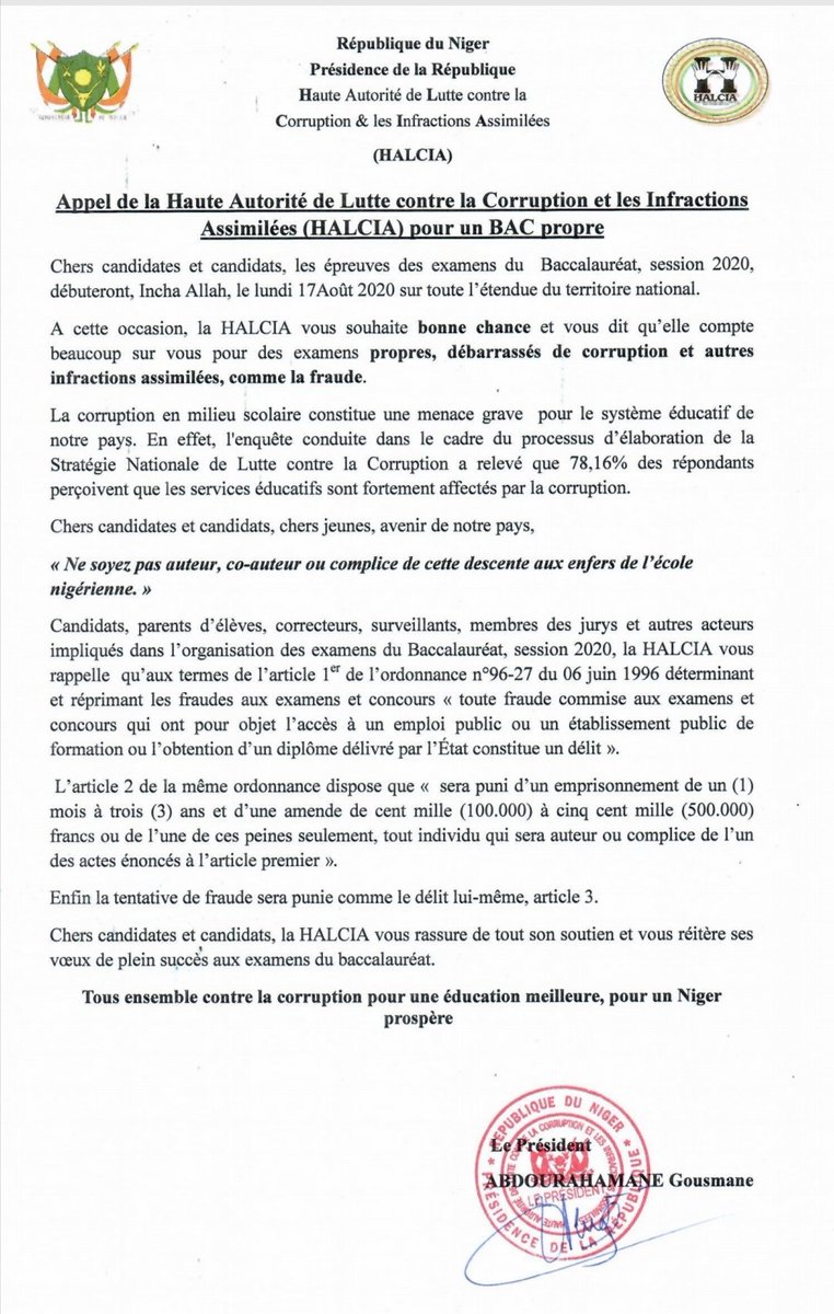 halciaNiger's tweet photo. Appel de la Haute Autorité de Lutte Contre la Corruption et les Infractions Assimilées (HALCIA) pour BAC propre https://t.co/owqvGQ78vy