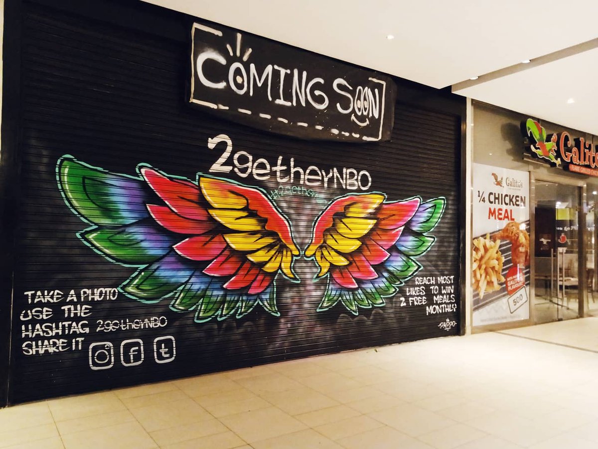 Daddoomutitii1's tweet photo. Done deal Graffiti Wings installation at the @GardenCityNbi
#2getherNBO #daddoomutitii #elchefΓ© #chefdaddo #streetart #graffitiart #chef #wingsrestaurant #grafgitiwings #graffiti #art #molotow #loopcolours #Nairobi #Kenya https://t.co/AWogsO0JFU