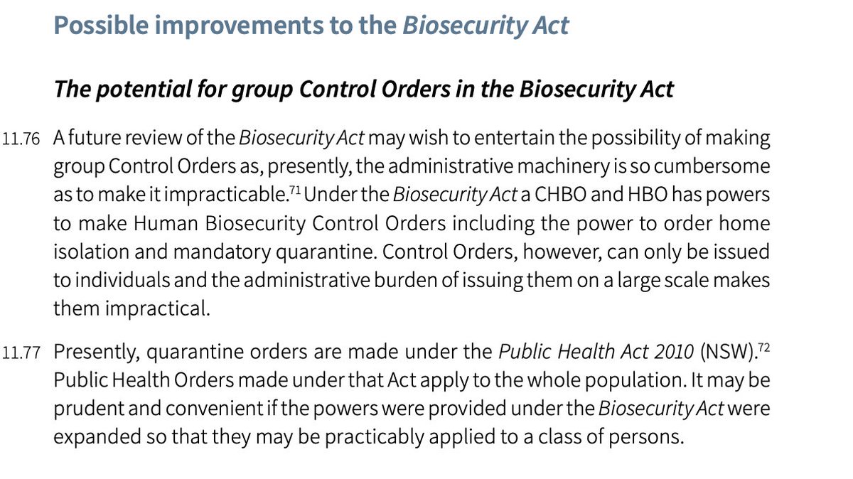 This is quite a curious tidbit in Bret Walker's report: He contemplates amendments of the Biosecurity Act to allow group/mass Control Orders to be issued