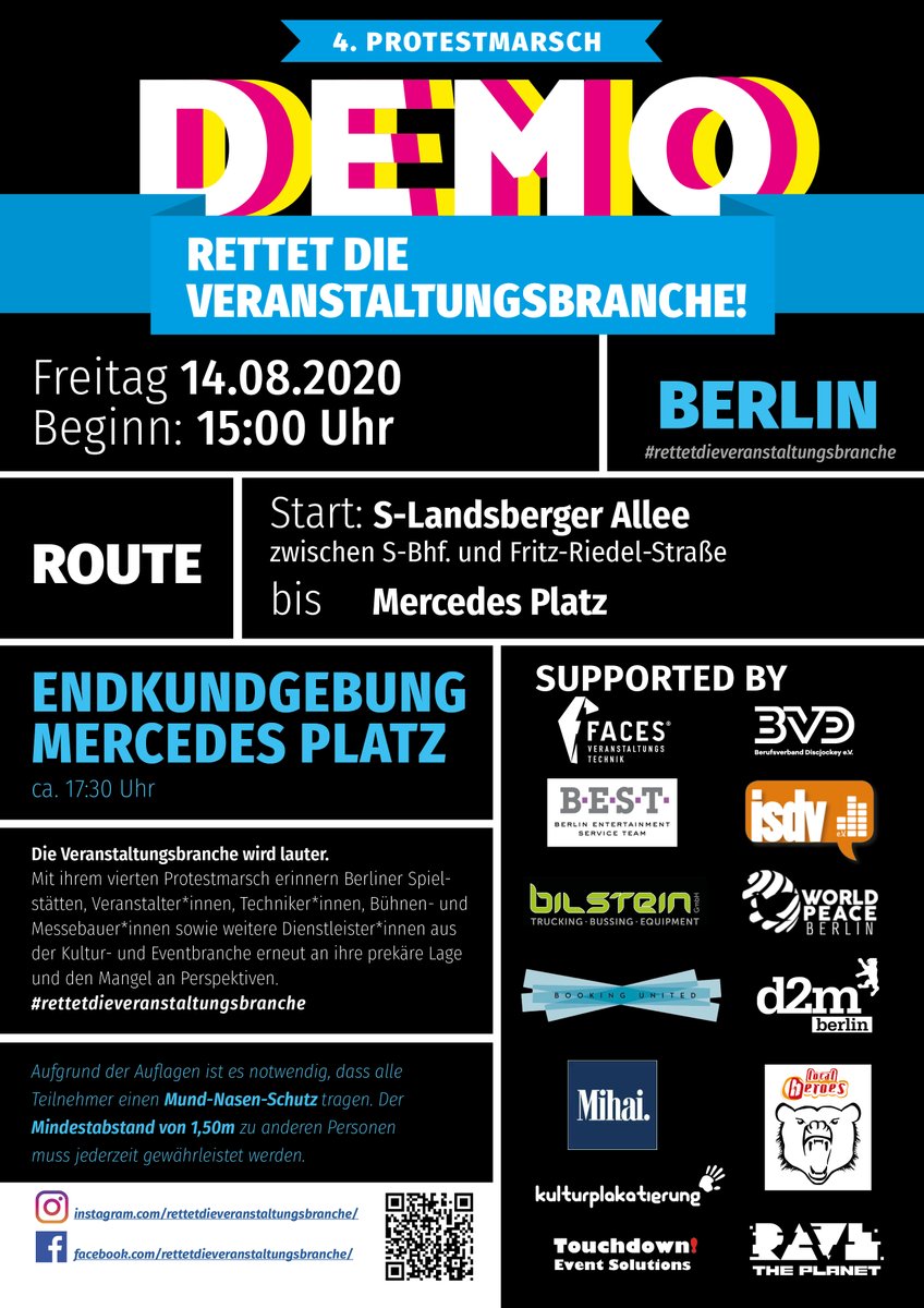 Mit einem Protestmarsch heute um 15.00 ( S-Bahnhof Landsberger Allee) weisen Berliner Spielstätten, Veranstalter*innen u.v.a  aus der #Kultur- und Eventbranche auf ihre prekäre Lage und den eklatanten Mangel an Perspektiven hin. 
facebook.com/events/3101883…
#Covid_19 #berlin #demo