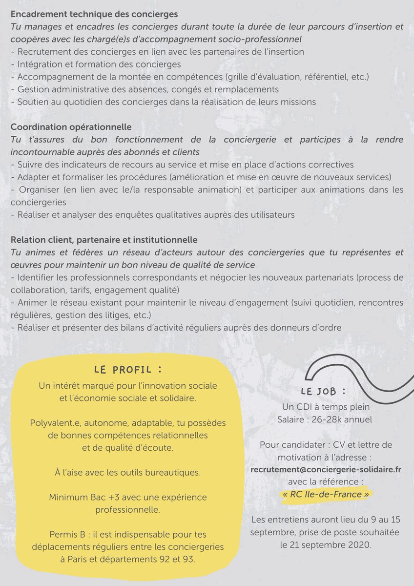 ConciergerieSO's tweet photo. 👉 Recrutement #PARIS 👈  
➡️ RESPONSABLE DE CONCIERGERIE #CDI

Afin de poursuivre notre développement nous recherchons la perle rare 🔥 pour compléter l'équipe en Ile De France ! 🚀

Envoyez votre CV + lettre de motivation à : recrutement@conciergerie-solidaire.fr https://t.co/6etcuXVBBZ