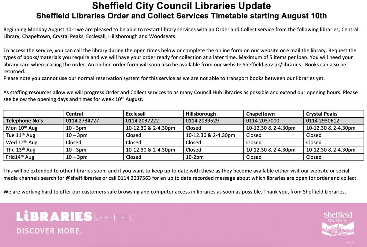 soarcommunity's tweet image. This week @SheffLibraries  are pleased to be able to restart library services with an Order and Collect service from the following libraries; Central Library, Chapeltown, Crystal Peaks, Ecclesall and Hillsborough.

#SheffieldIsSuper #YearOfReading #Sheffield