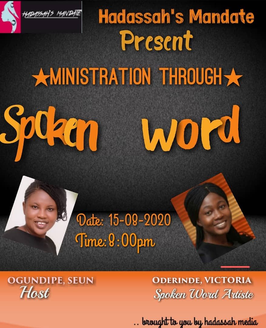 Vikydaniella's tweet photo. Yeah! Hadassah's Mandate will be hosting me tomorrow.
You will want to be part of it. Please comment your interest and I will send you the link to the group.
Thanks to Mrs Seun Ogundipe for this opportunity.
Ladies only.
#spokenwords #loversofwords #logophile https://t.co/XrPIC5nPE1