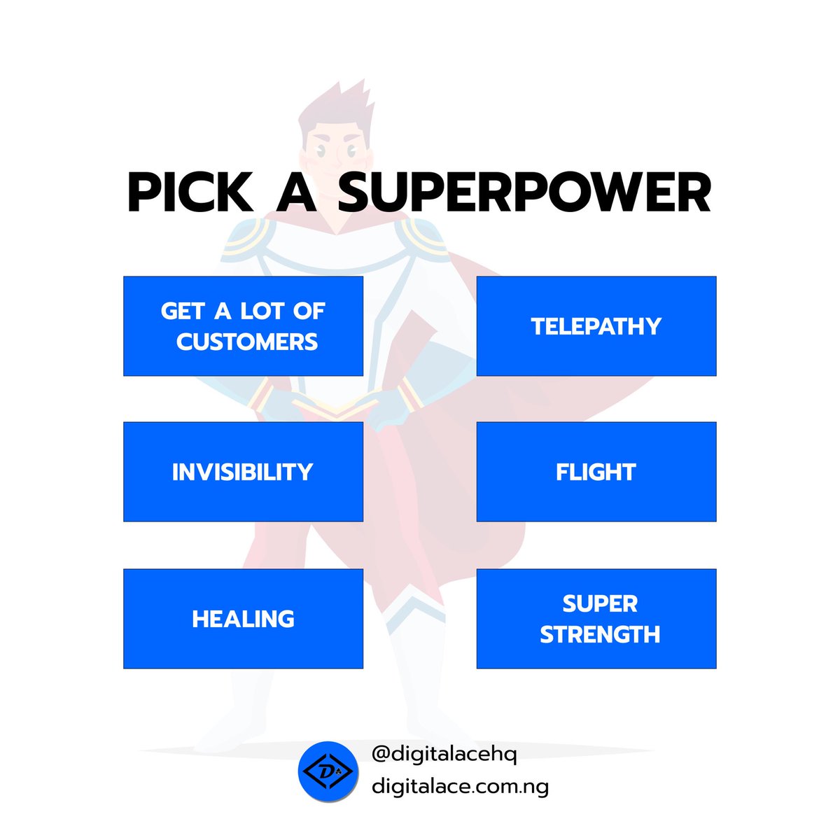 DigitalAceHQ's tweet photo. It’s Trivia Friday 💃🏻
Business owners, which of these superpowers would you pick ? 
#triviafriday https://t.co/fXAFMazk0E