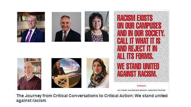 This morning! A landmark commitment taking place to tackle racism on our campuses and in society by our further and higher education institutions joined. Our speakers are @DonnaMackinnon0 @rowenaarshad @khadijamohamme8 @PrincipalUWS @RichardLochhead @CofGCollege Dr Paul Little