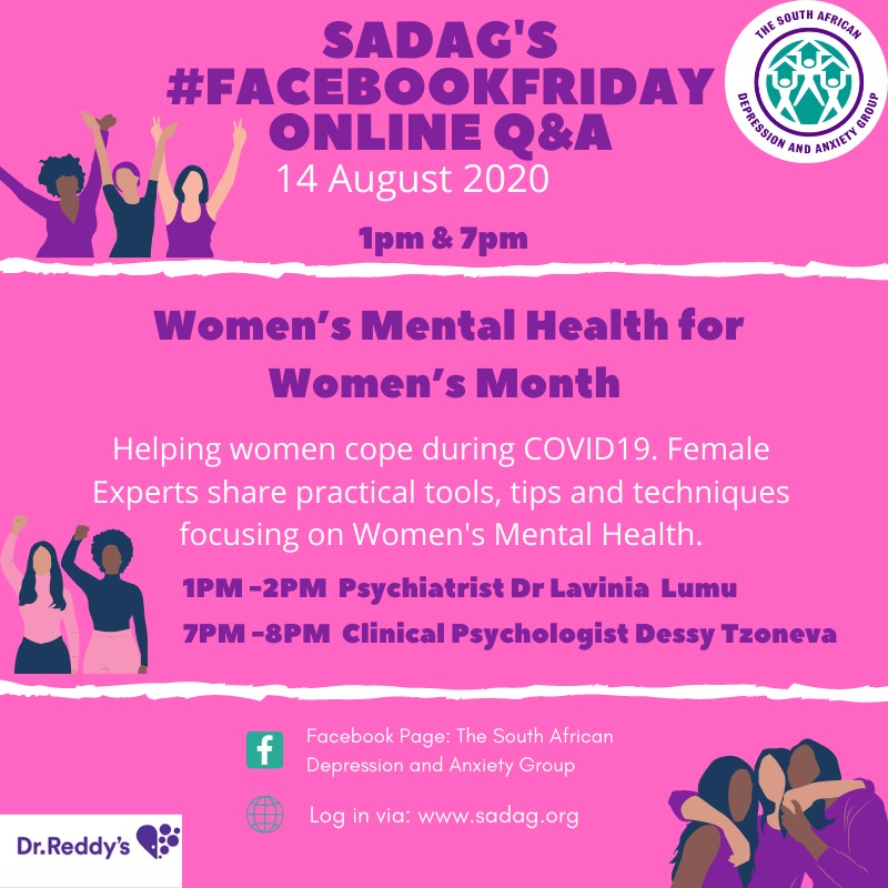 TheSADAG's tweet photo. For #WomensMonth, SADAG is hosting the next #FacebookFriday Expert Q&amp;A on Women’s Mental Health TODAY from 1pm-2pm with Psychiatrist Dr Lavinia Lumu &amp; again at 7pm-8pm with Clinical Psychologist Dessy Tzoneva. Learn about helping women cope during COVID-19
https://t.co/nwfdFPukx1 https://t.co/T4Pgir6NoE