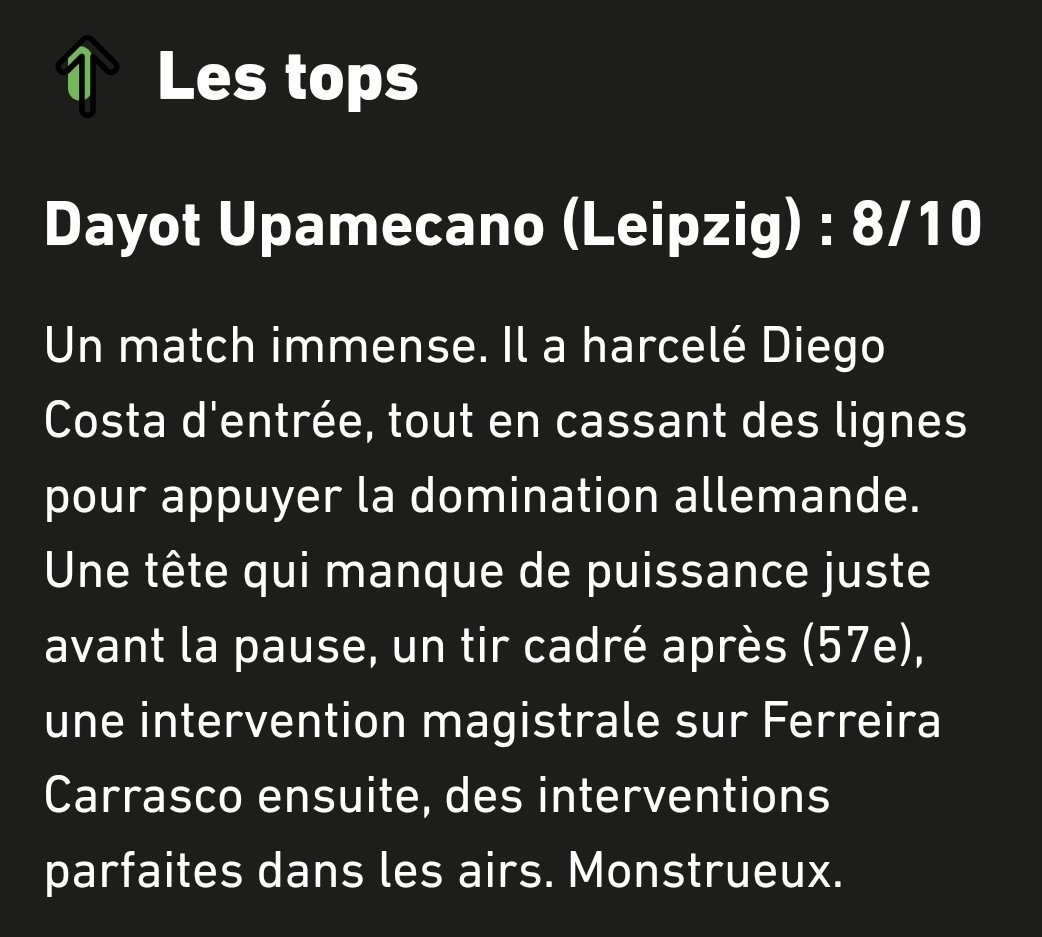 c_dubarry's tweet photo. "Un match immense" ; "Monstrueux" #Upamecano selon @lequipe qui lui attribue un 8️⃣ et sans conteste l'homme du match #RBLATM #LeipzigAtletico
🎦 Voir aussi son itw d'après-match, un modèle du genre 👉https://t.co/8R0UjBQ0TD https://t.co/ugSLfuso4H