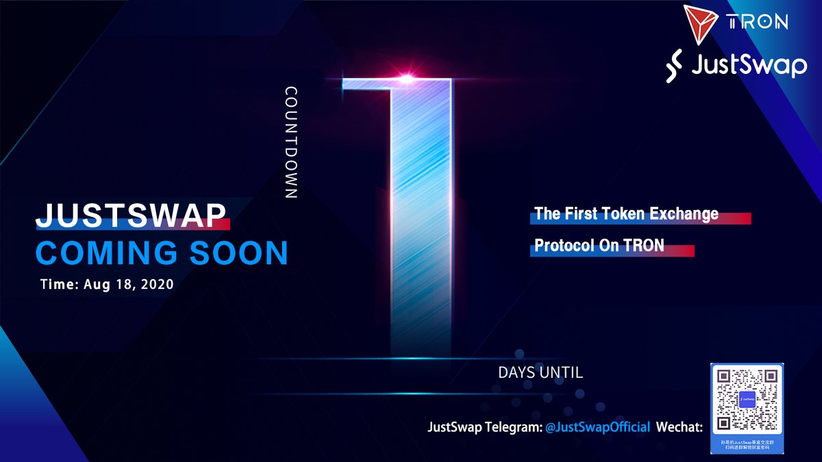 DeFi_JUST's tweet photo. 🎉It’s the final countdown!🎉

⏰1 day left, #JustSwap will officially launch on the 18th August🚀

📢For more details, stay tuned. https://t.co/13Rp2XZTVF
