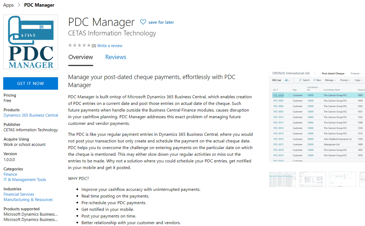 CetasApps's tweet photo. Our Next App #PDCManager...! We @cetastech #ReadyToGo with our Another App on Appsource for #MSDYN365BC ...! "PDC Manager" - Manage your post-dated cheque payments @CetasApps https://t.co/rRroypyIEY