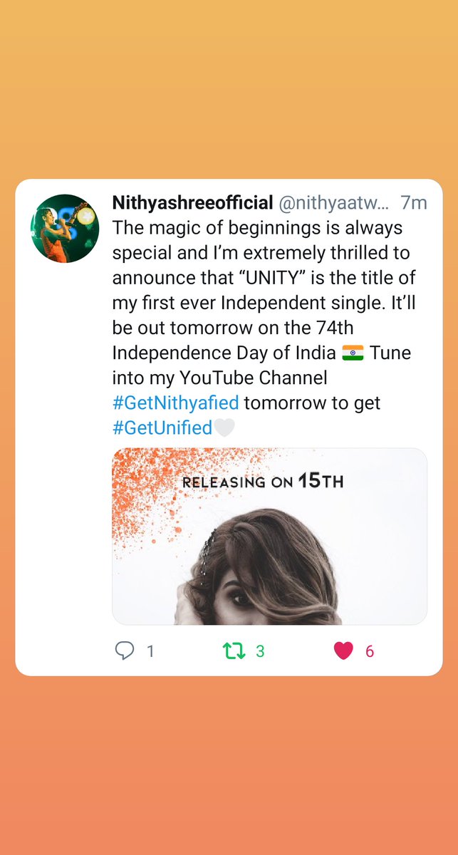 The most Awaited independent Single will drop tomorrow on #getnithyafied YouTube channel from @nithyaatweets n her brilliant team'. Bring the happiness n UNITY together.