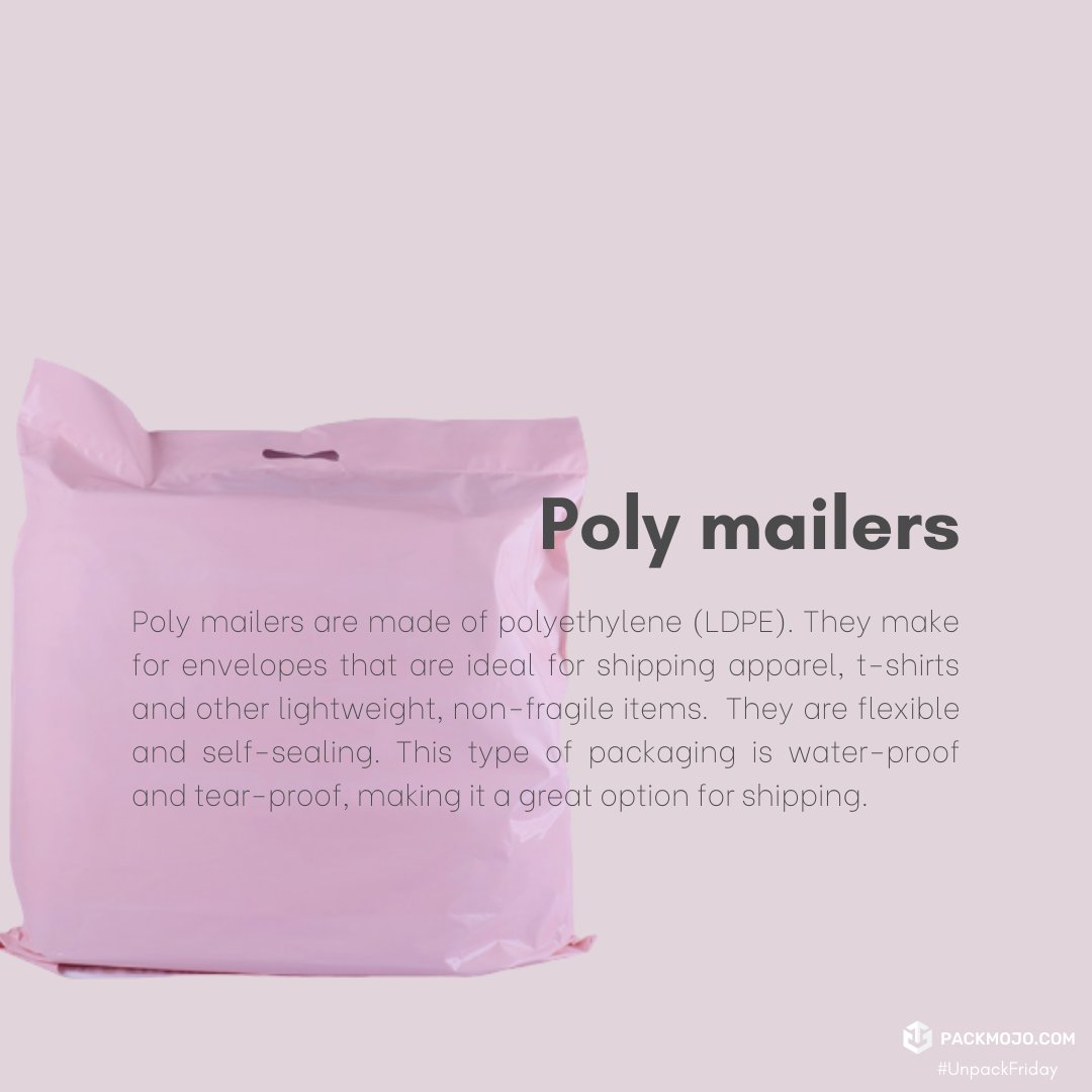 PackMojo's tweet photo. Poly mailers are a great choice for lightweight products or even as additional packaging during shipping!
#unpackfriday #polymailer #custompackaging #packgingdesign https://t.co/VAla5ijxWV