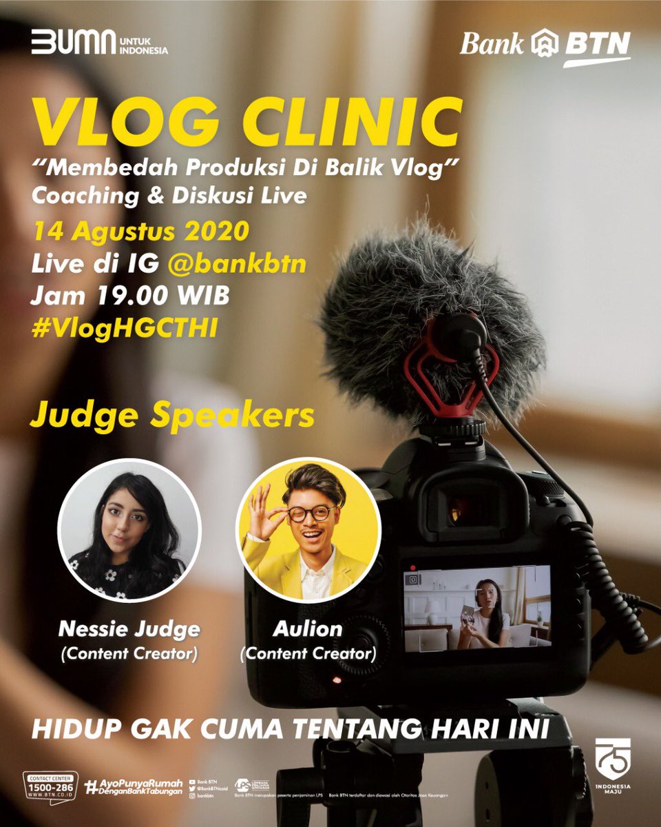 bankbtn's tweet photo. Dengerin tips and tricks dari @aulion dan @nessiejudge yuk! Nantikan Coaching Clinic dengan topic βMembedah Produksi Di Balik Vlogβ, melalui IG Live @bankbtn hari ini jam 19.00 WIB. Pastikan gak ketinggalan dan nyalain notification nya!
#HGCTHI
#VlogCompetition
#VlogHGCTHI https://t.co/mb4CB5VfuS