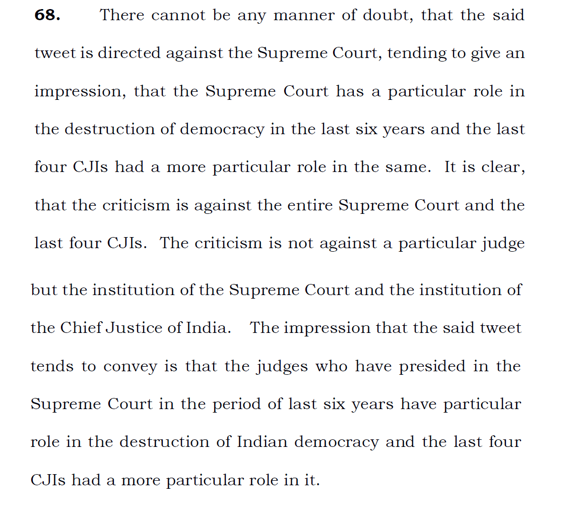 Regards second tweet of  #PrashantBhushan that SC has played a role in destroying democracy in last 6 years and last 4 CJIs had a special role - it is clearly not an attack on a judge or individual frailty but on the very SC institution itself. Classic case of contempt. 3/3