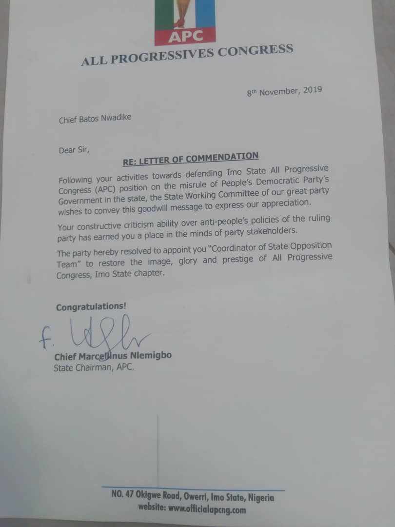 BatosDr's tweet photo. MEMORY LANE

COMMENDATION LETTER FROM THE ALL PROGRESSIVE CONGRESS (APC) FOR MY GLOWING POLITICAL IMPACT IN IMO STATE.

THANK YOU TO THE GOOD PEOPLE OF IMO STATE. https://t.co/My7wE8TaJN