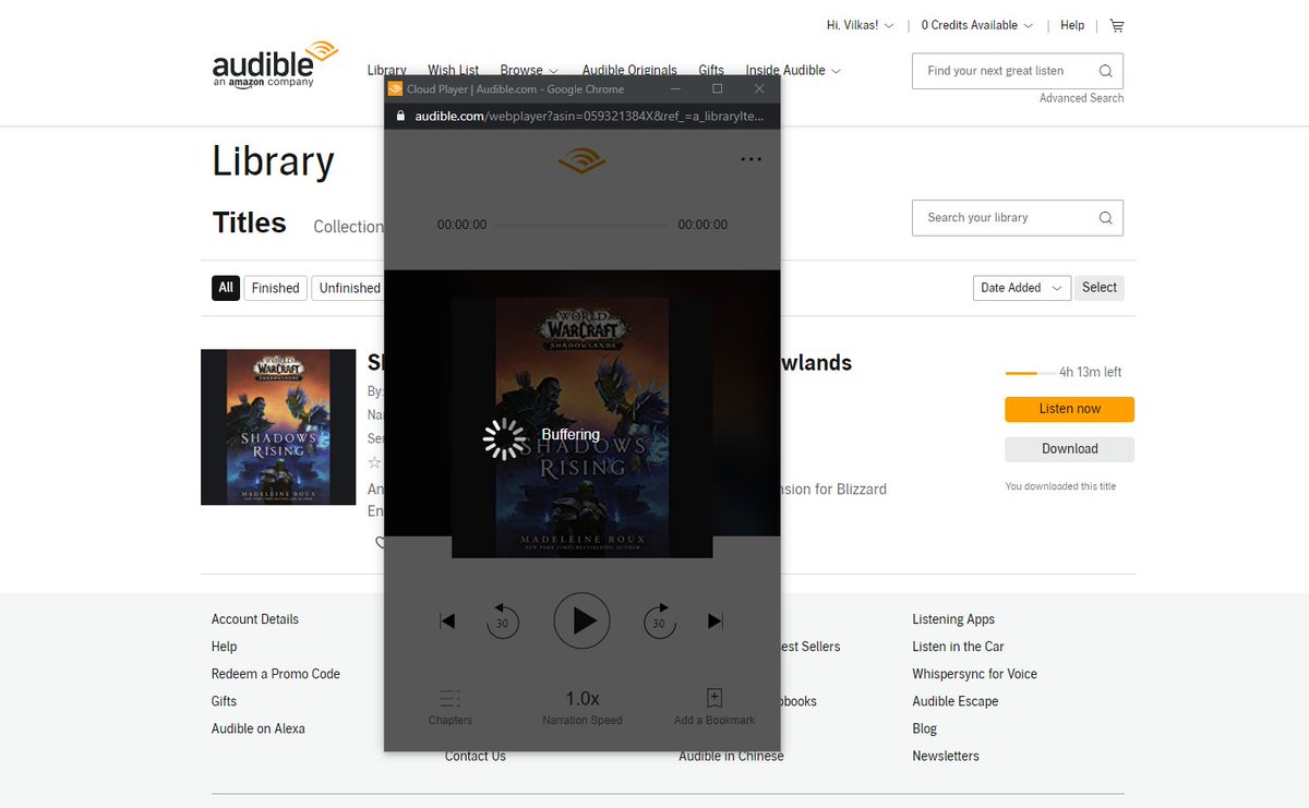 Balto000's tweet photo. @audible_com I am trying to continue to listen to an audiobook I got on your site via my laptop, but whenever I try now, I get a "buffering" that doesn't go away then an error message. Any idea what is wrong and how to fix it? This is what they look like. https://t.co/eHzls3yqKE