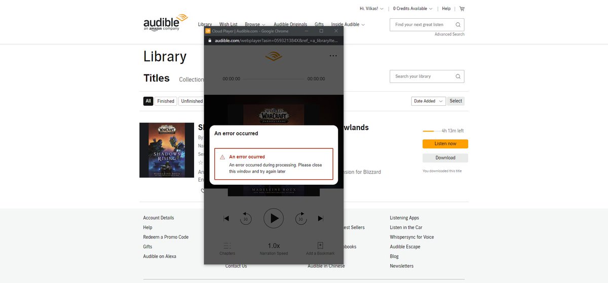 Balto000's tweet photo. @audible_com I am trying to continue to listen to an audiobook I got on your site via my laptop, but whenever I try now, I get a "buffering" that doesn't go away then an error message. Any idea what is wrong and how to fix it? This is what they look like. https://t.co/eHzls3yqKE