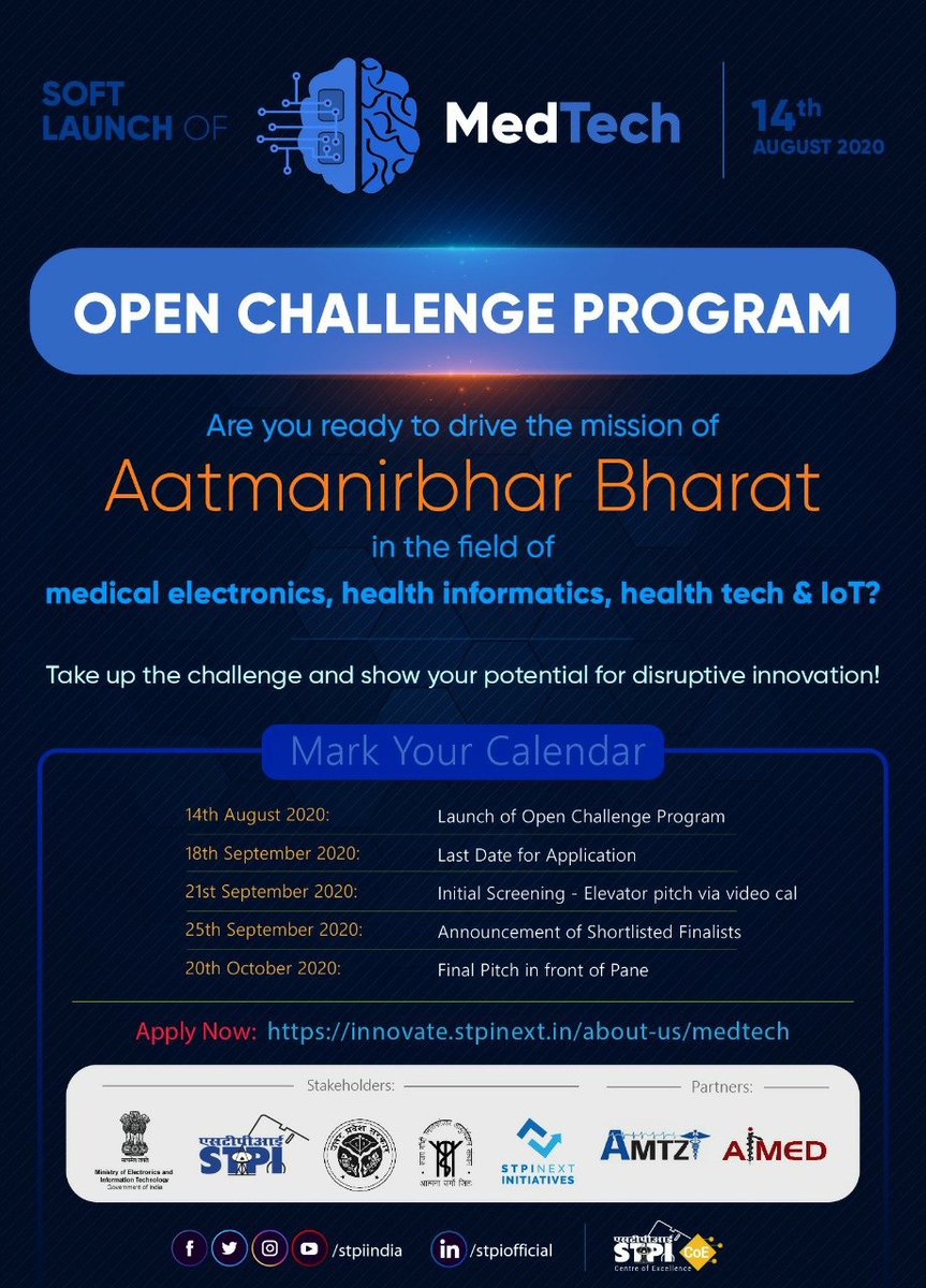 stpiindia's tweet image. #STPIMedTech launches #OpenChallengeProgram to encourage #startups focused on #MediElectronics, #HealthInformatics, #HealthTech &amp;amp; #IoT to showcase their innovation mettle &amp;amp; transform ideas into ground-breaking products. Apply now: innovate.stpinext.in/about-us/medte… #STPIINDIA #STPICoEs