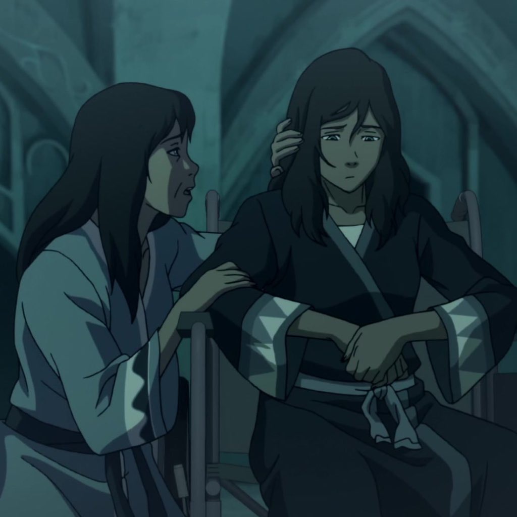 tw // ptsd this show deals with a lot more mature topics than atla. it’s definitely targeted towards a teenage/older audience. korra goes through realistic mental health struggles. she suffered extreme trauma and dealt with ptsd.